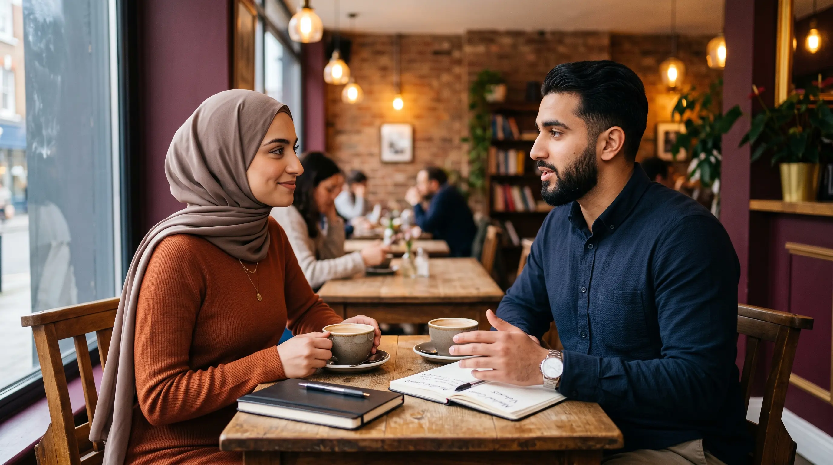 Muslim couple discussing important questions before marriage